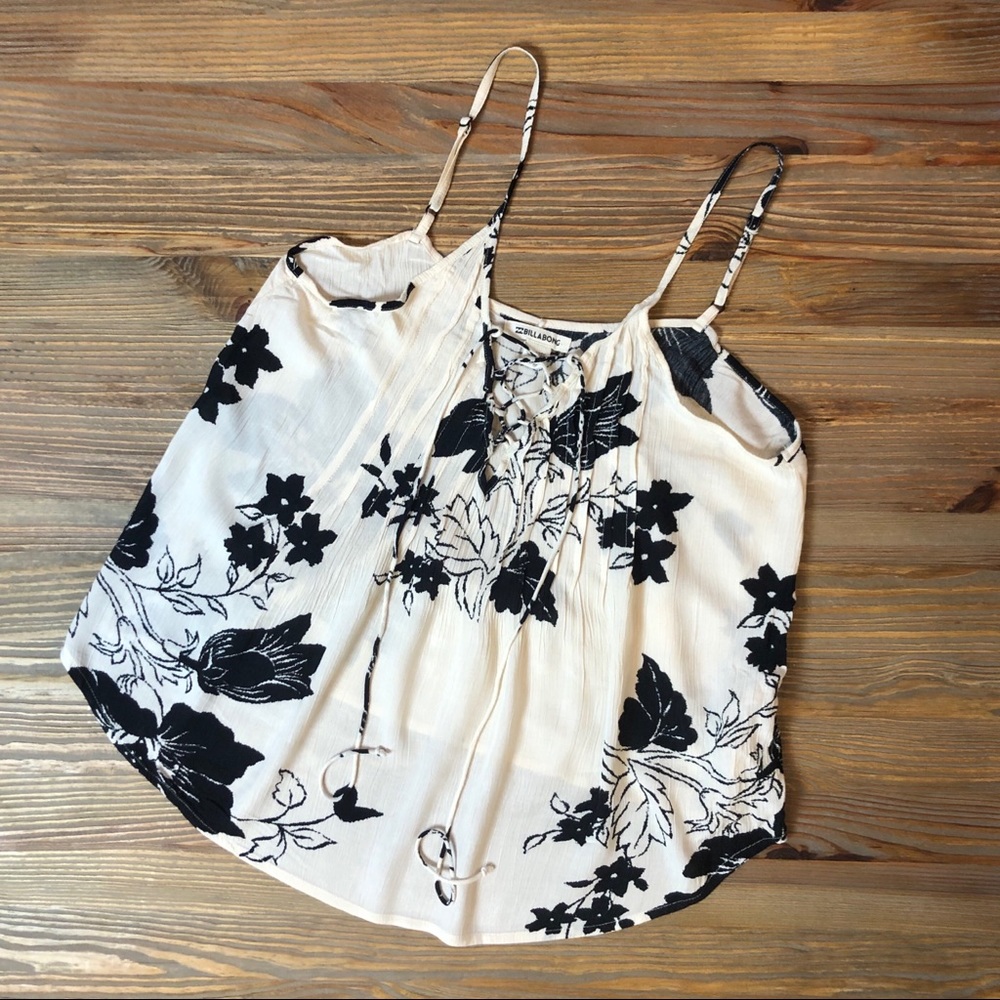 Billabong Floral Black and Ivory Lace-Up Top